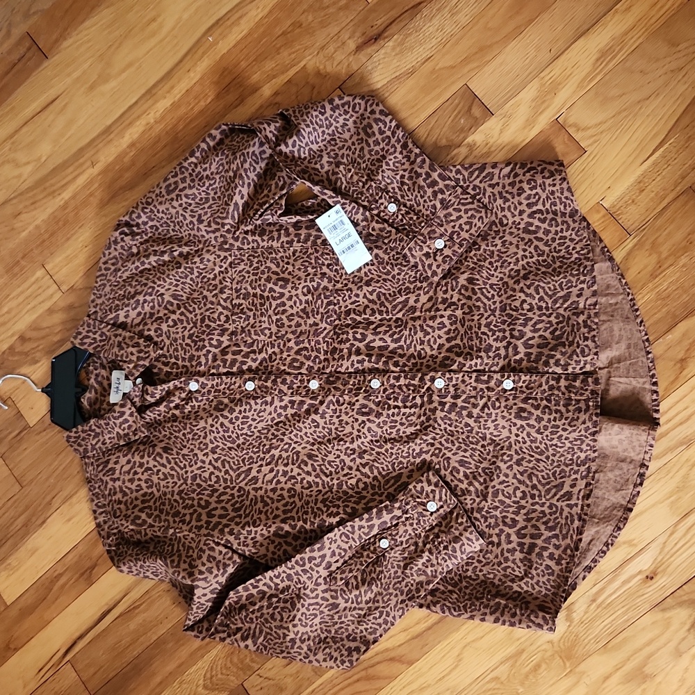 Style & Co Misses Animal Print LS Shirt Button Blouse Leopard Caramel NWT Size L